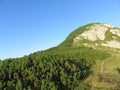 Mountain landscape elevated sunny slopes with dense vegetation