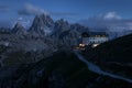 Mountain landscape in the European Dolomite Alps with Auronzo hut underneath the Three Peaks during night, South Tyrol Italy