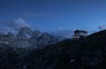 Mountain landscape in the European Dolomite Alps with Auronzo hut underneath the Three Peaks during night, South Tyrol Italy