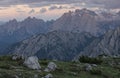 Mountain landscape in the European Dolomite Alps underneath the Three Peaks with alpenglow during sunset, South Tyrol Italy Royalty Free Stock Photo