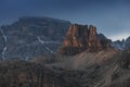 Mountain landscape in the European Dolomite Alps underneath the Three Peaks with alpenglow during sunset, South Tyrol Italy Royalty Free Stock Photo