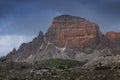 Mountain landscape in the European Dolomite Alps underneath the Three Peaks with alpenglow during sunset, South Tyrol Italy Royalty Free Stock Photo