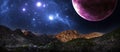 Mountain landscape fantastic cosmos galaxies stars planets and nebulae. Sunset and unreal night sky. Panoramic photo mountains