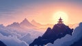 Mountain landscape featuring a traditional pagoda structure on the summit surrounded by scenic nature generative ai Royalty Free Stock Photo