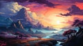 Mesmerizing Sunset Landscape Illustration With Panoramic Scale