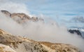 Mountain landscape with fog in autumn. Tre Cime dolomiti Italy