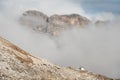 Mountain landscape with fog in autumn. Tre Cime dolomiti Italy