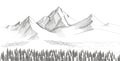 Mountain Landscape, forest pine trees sketch. Hand drawn vector Illustration.