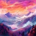 Mountain landscape, forest stones in neon colors