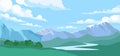 Mountain landscape with forest and water stream. Vector cartoon illustration of summer coniferous woods, brook, rocks Royalty Free Stock Photo