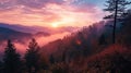 Mountain landscape with forested hills with fog in the valley at sunrise. Breathtaking natural scenery Royalty Free Stock Photo