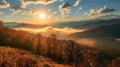 Mountain landscape with forested hills with fog in the valley at sunrise. Breathtaking natural scenery Royalty Free Stock Photo