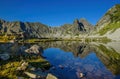 Mountain landscape and glacial Taul Portii lake in Retezat National Park, Carpathian Mountains, Romania, at sunrise Royalty Free Stock Photo