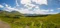 Mountain landscape in the Glencoe area in Scotland, Springtime view mountains with grassland and countryside road in the valley of Royalty Free Stock Photo