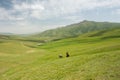 Mountain landscape with green grass valley and riders on horseback Royalty Free Stock Photo