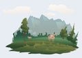 Mountain landscape. Green meadow, forest and mountain peaks in the distance. Isolated vector illustration. Royalty Free Stock Photo