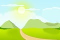 Mountain landscape green view illustration of a summer landscape with fields and green hills and The sun sky clound background.