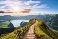 Mountain landscape with hiking trail and view of beautiful lakes Ponta Delgada, Sao Miguel Island, Azores, Portugal. Royalty Free Stock Photo