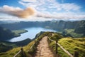 Mountain landscape with hiking trail and view of beautiful lakes Ponta Delgada, Sao Miguel Island, Azores, Portugal. Royalty Free Stock Photo