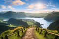 Mountain landscape with hiking trail and view of beautiful lakes Ponta Delgada, Sao Miguel Island, Azores, Portugal. Royalty Free Stock Photo