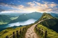 Mountain landscape with hiking trail and view of beautiful lakes Ponta Delgada, Sao Miguel Island, Azores, Portugal. Royalty Free Stock Photo