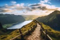 Mountain landscape with hiking trail and view of beautiful lakes Ponta Delgada, Sao Miguel Island, Azores, Portugal. Royalty Free Stock Photo