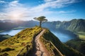 Mountain landscape with hiking trail and view of beautiful lakes Ponta Delgada, Sao Miguel Island, Azores, Portugal. Royalty Free Stock Photo