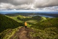 Mountain landscape with hiking trail and view of beautiful lakes, Ponta Delgada, Sao Miguel Island