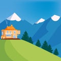 Mountain landscape, house on the mountain, chalet, hotel, vector, illustration, isolated, cartoon style Royalty Free Stock Photo