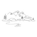 Mountain landscape with houses drawn in one line. Continuous line. Royalty Free Stock Photo