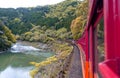 Mountain landscape and Hozu River seen from Sagano Scenic Railway, Arashiyama Royalty Free Stock Photo
