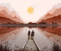 Mountain landscape illustration, with setting sun and mist in valley. Lovers watching the sunset from jetty over lake Royalty Free Stock Photo