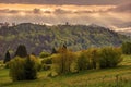 Mountain landscape immersed in fog, landscape after rain. Royalty Free Stock Photo