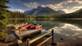 Mountain landscape with lake and canoes