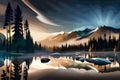 Mountain landscape with lake and forest at night. Vector illustration, generative ai Royalty Free Stock Photo