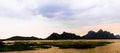 Mountain landscape, lake and mountain range, large panorama at sunset beautiful scenatic ,Prachubkeereekhan Khao Samroi yod