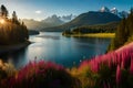 Mountain landscape, lake and mountain range. Royalty Free Stock Photo