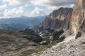 Mountain landscape with lake, valley and clouds on background, Dolomites, Italian Alps Royalty Free Stock Photo