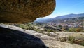 Mountain landscape of large granite rocks, high stone formations with various spectacular shapes. Town, Valdemanco, Madrid