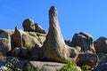 Mountain landscape of large granite rocks, high stone formations with various spectacular shapes. Town, Valdemanco, Madrid