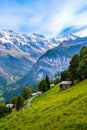 Mountain landscape of Lauterbrunnen valley, Switzerland. Hiking trail from Murren to Gimmelwald village. Mountain range Royalty Free Stock Photo