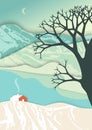 Mountain landscape in layer art style. Christmas illustration. Illusion of depth in romantic winter scene with rural house