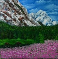 Mountain landscape, mountains, painting, mountains oil painting, mountain landscape painting, pink flowers, forest, trees, flowers Royalty Free Stock Photo