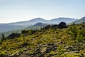 Mountain landscape of the Northern Urals in the atmospheric haze