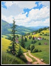 Bawaria Germany . Mountain landscape in oil paint. Pattern for printing on wall decorations, covers, wallpapers Royalty Free Stock Photo