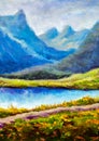 Mountain landscape Original modern oil painting - Beautiful lake in mountains