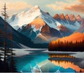 Mountain Landscape Painting with Snow-Capped Peaks and Serene Valley, Made with Generative AI