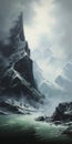 Mountain Landscape Painting With Water Feature In Frostpunk Style