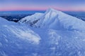 Mountain landscape panoramic view with blue sky Gorgeous winter sunset in mountains, Alps. Colorful outdoor scene, Christmas. Royalty Free Stock Photo