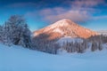 Mountain landscape panoramic view with blue sky Gorgeous winter sunset in mountains, Alps. Colorful outdoor scene, Christmas. Royalty Free Stock Photo